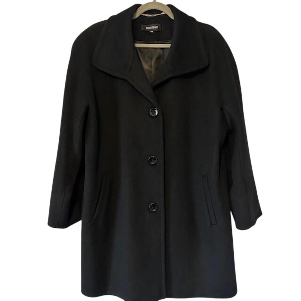 Ellen Tracy Black Wool Angora Blend Button Front Coat Jacket 16W Classic Luxe